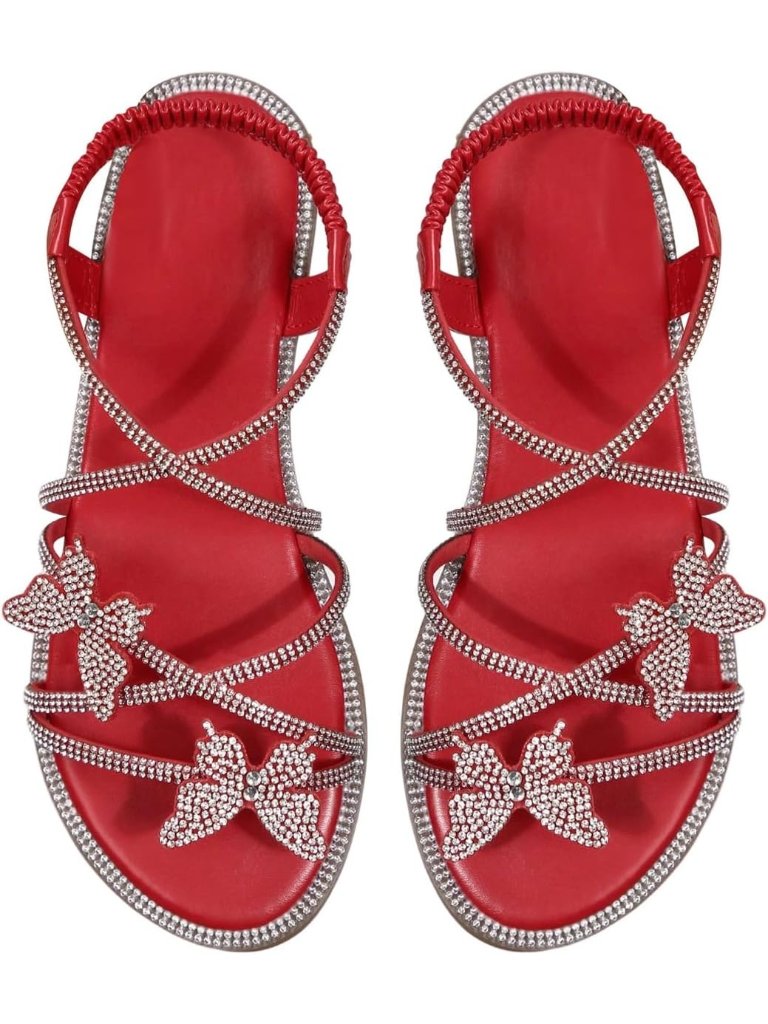 Women's Red Faux Suede Summer Glitter Open Toe Sparkly Rhinestone Flat Sandals